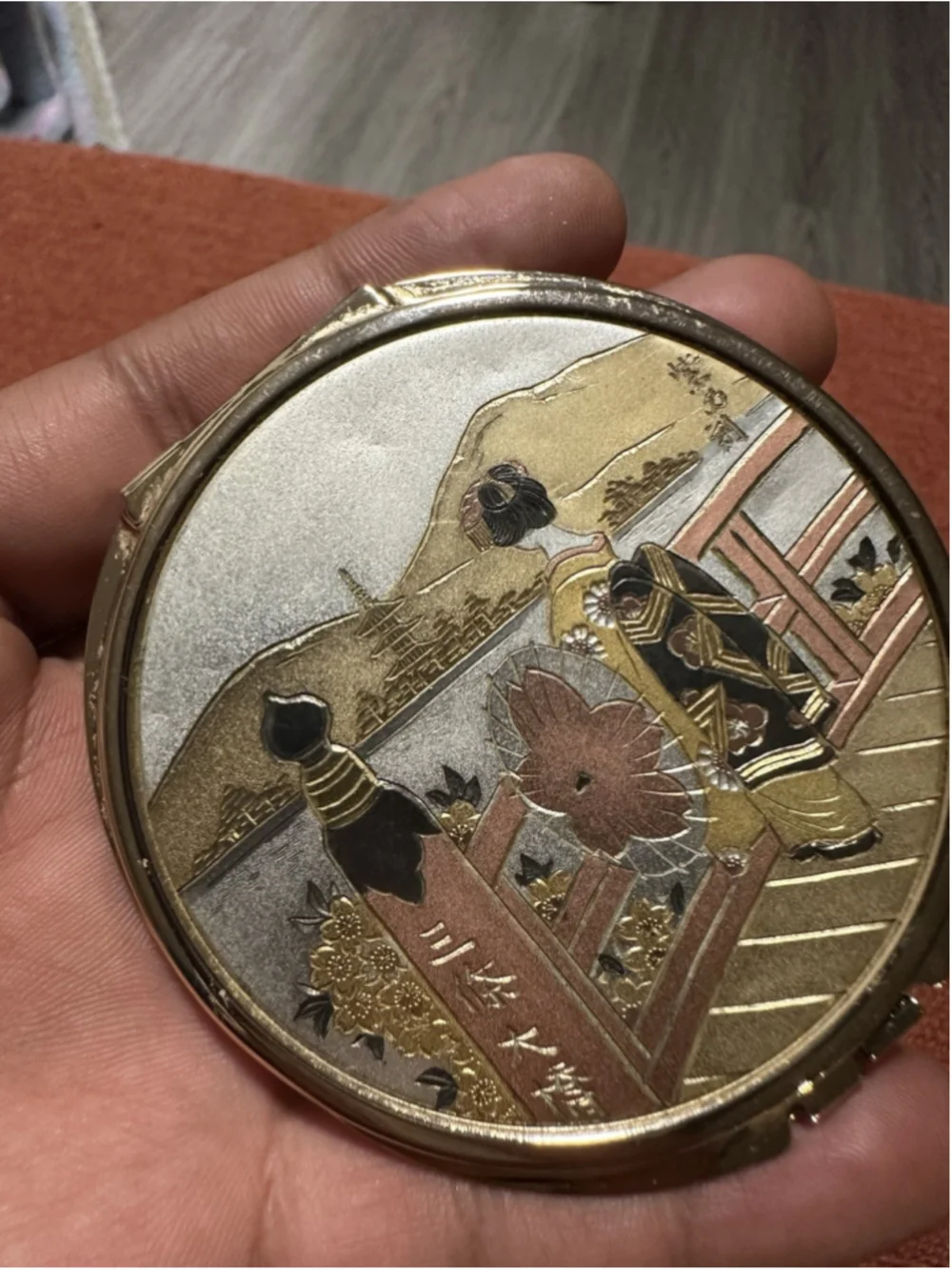 Round Metal Compact Mirror with Enamel Japanese Scene Scenic Design